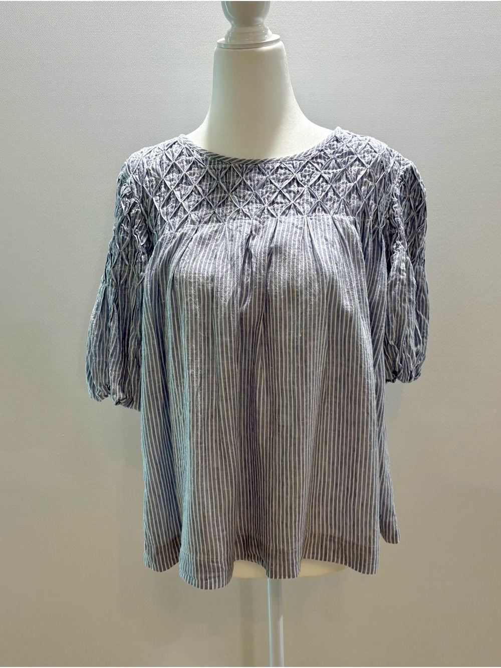Anthropologie Blue Striped Smocked Short-Sleeve Women's Top